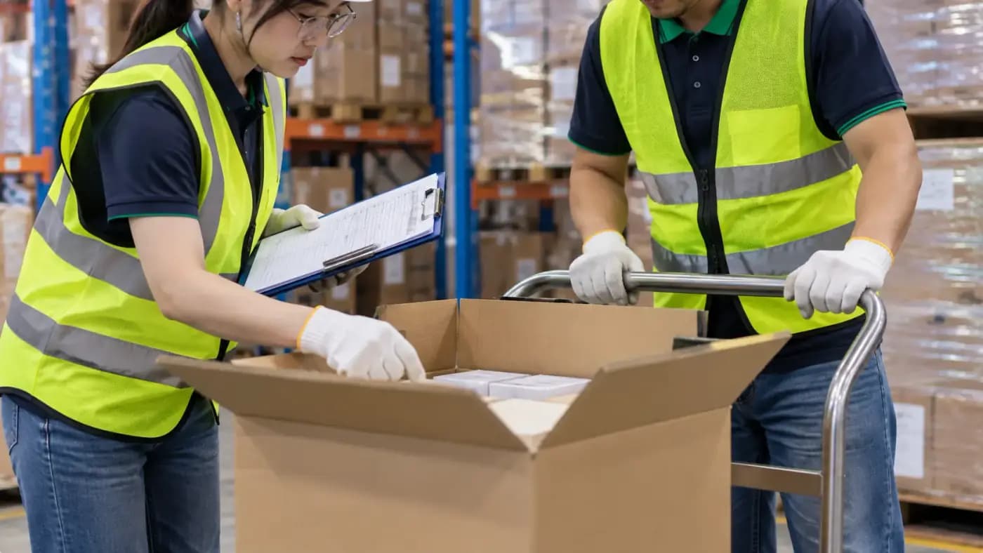 Two people in high-visibility vests and gloves looking into an open carton in a warehouse, one holding a clipboard