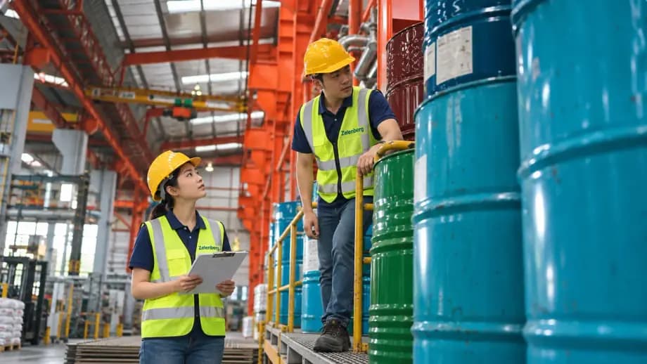 Two people in hard hats and high-visibility vests beside rows of blue and green steel drums in a factory hall