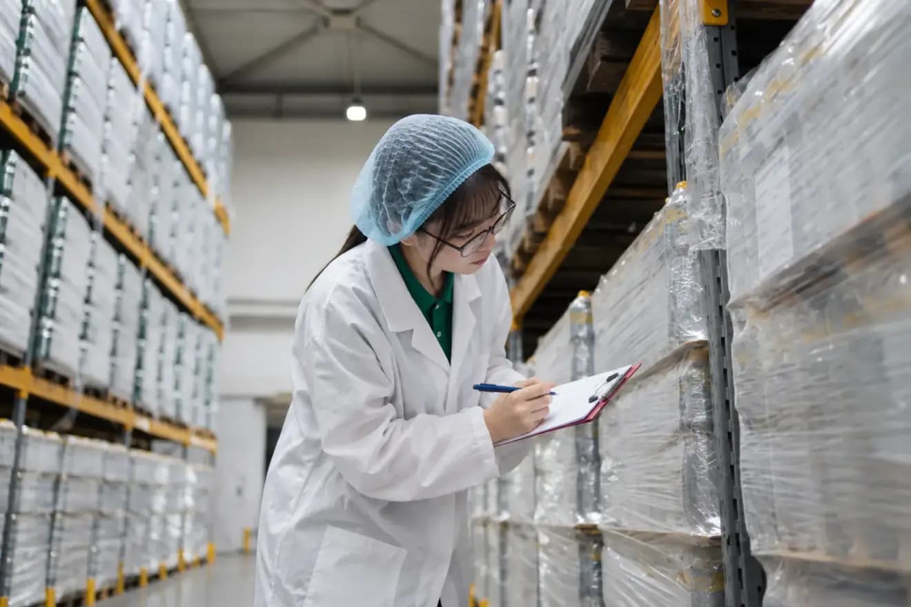 A woman in a white coat and a hairnet writing on a clipboard beside wrapped pallets in a warehouse aisle