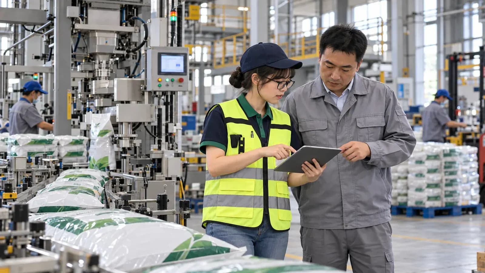 A woman in a high-visibility vest showing a tablet to a man in grey overalls beside a packing line