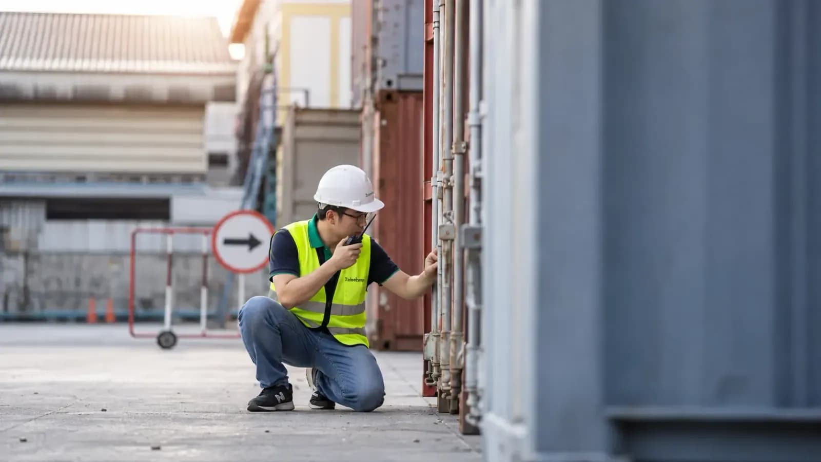 A man in a hard hat and a high-visibility vest crouching to look at the doors of a shipping container in a yard