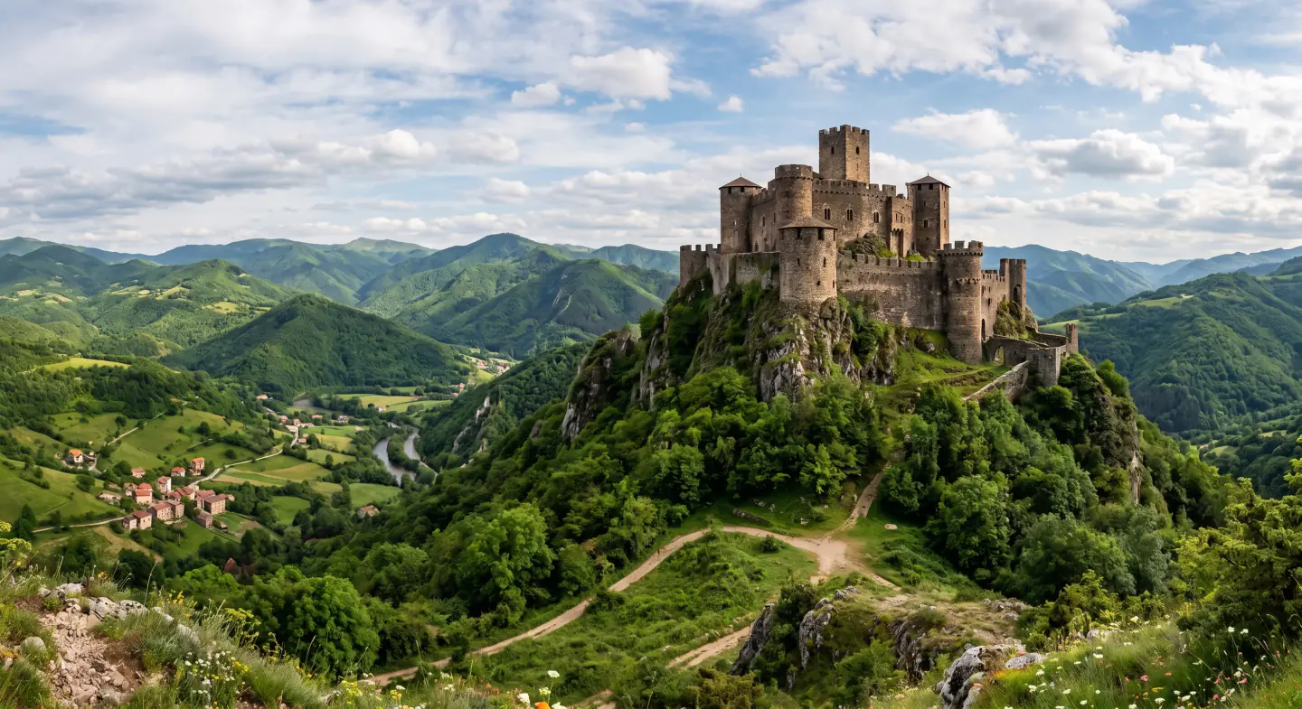 A stone castle on a wooded hilltop above a green valley and a village