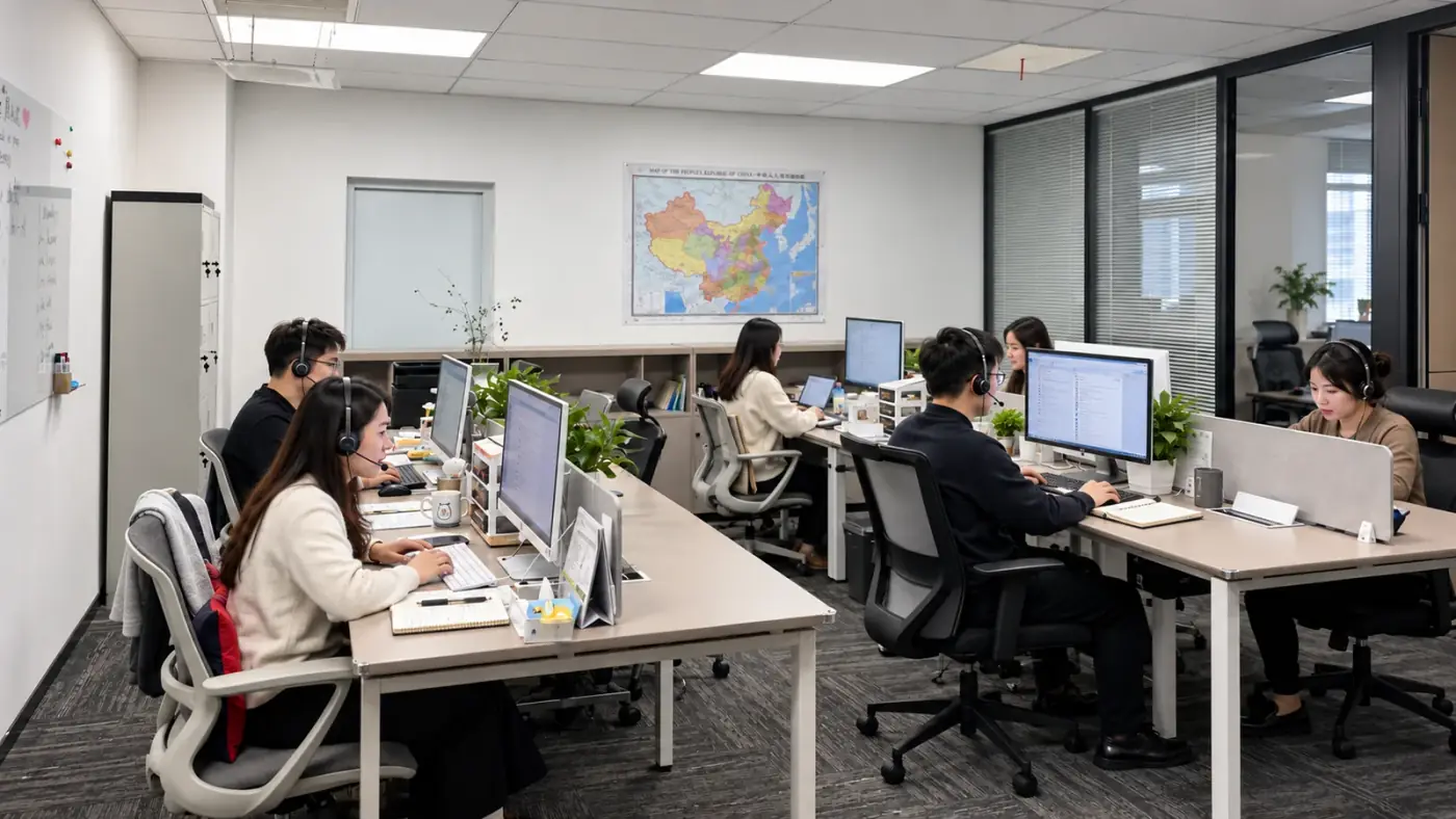 People working at desks in an open-plan office, a wall map of China behind them