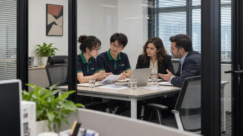 Four people in discussion around a table in a glass-walled meeting room