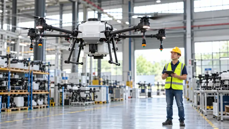 An agricultural drone hovering inside a factory hall, a man in a hard hat watching it with a tablet