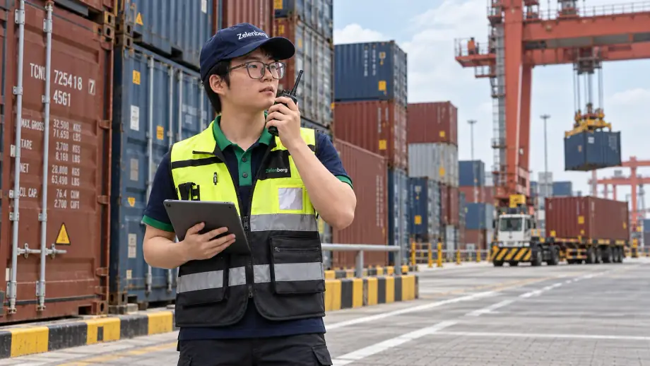 A man in a cap and a high-visibility vest speaking into a radio beside shipping containers at a port