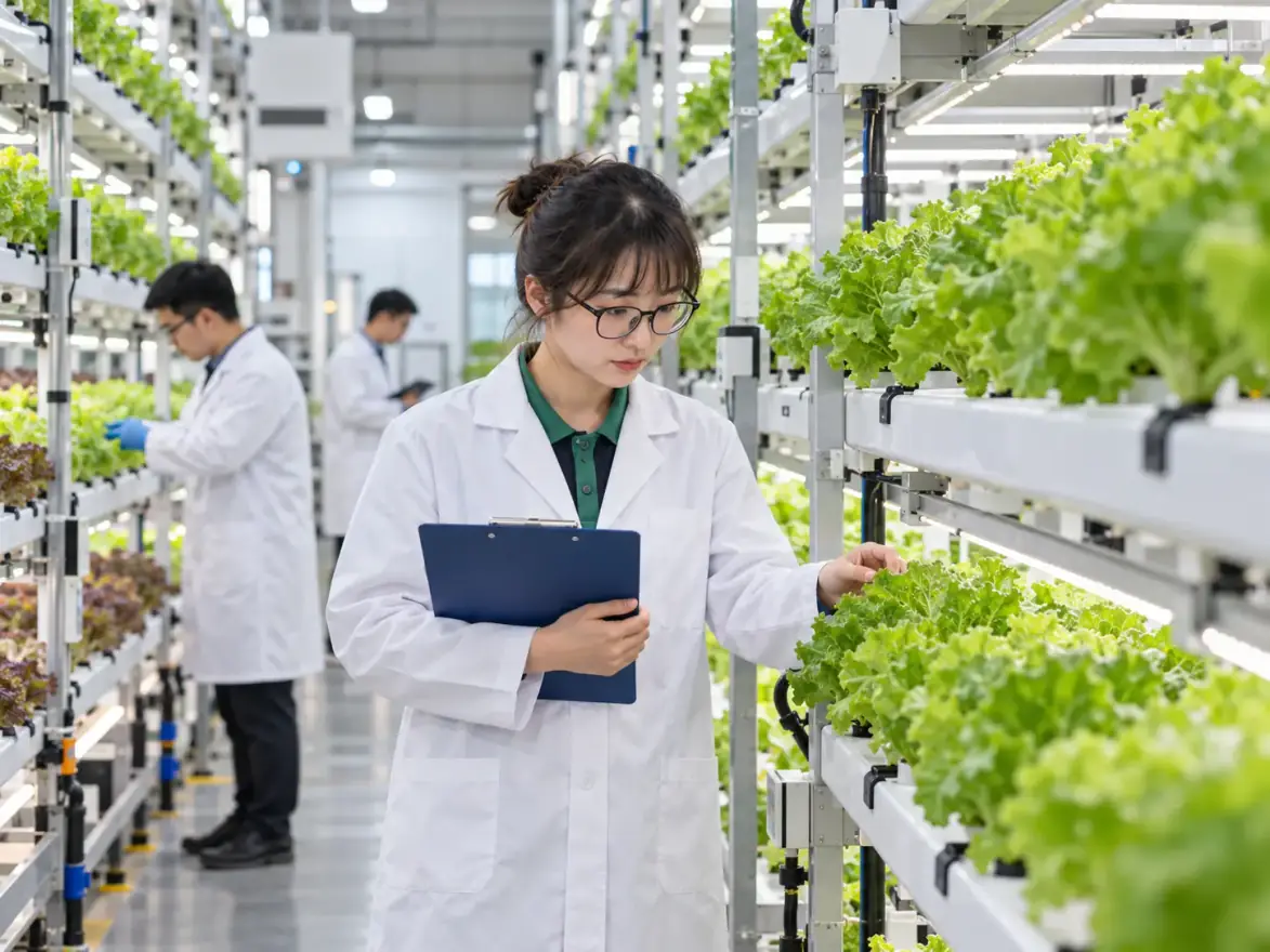 A technician with a clipboard checking lettuce in an indoor vertical farm