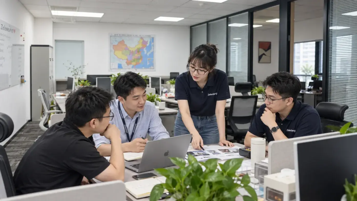Four colleagues gathered around a table in an office, a wall map of China behind them