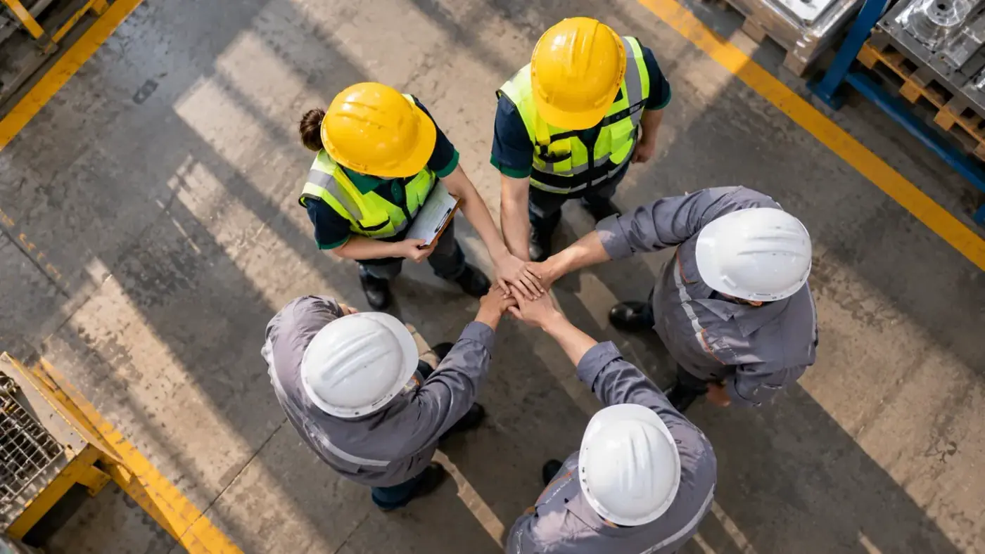 Five people in hard hats seen from above, their hands joined in the middle