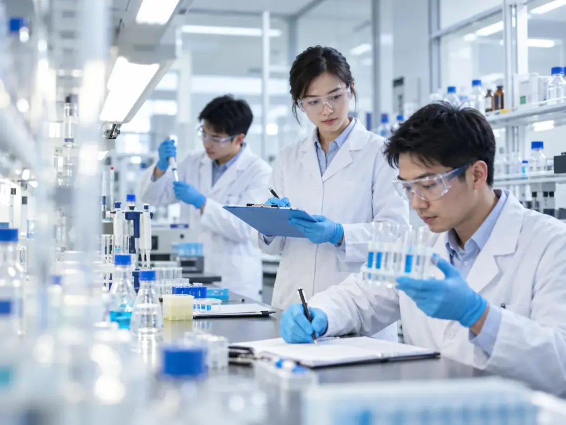 Three people in lab coats and safety glasses working with test tubes and a clipboard in a laboratory