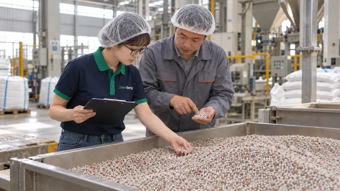 Two people in hairnets looking at fertilizer granules in a large bin, one holding a tablet