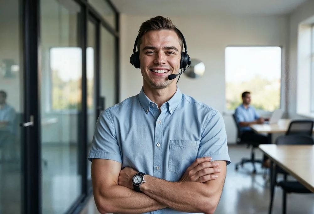 A smiling man in a headset with his arms folded, standing in an office