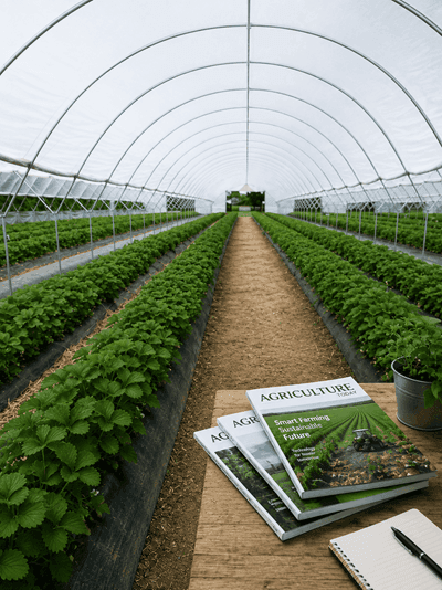 Copies of the agriculture magazine on a bench inside a polytunnel