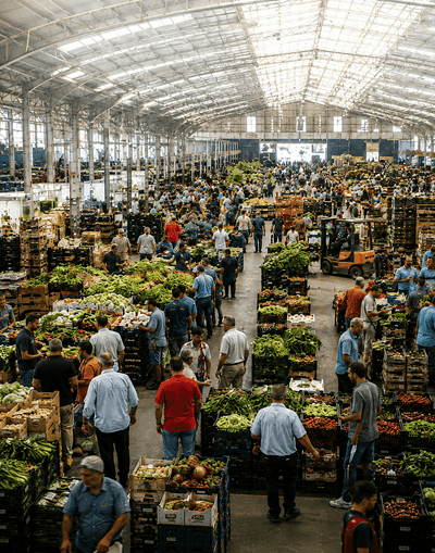 Buyers on the floor of a wholesale produce market