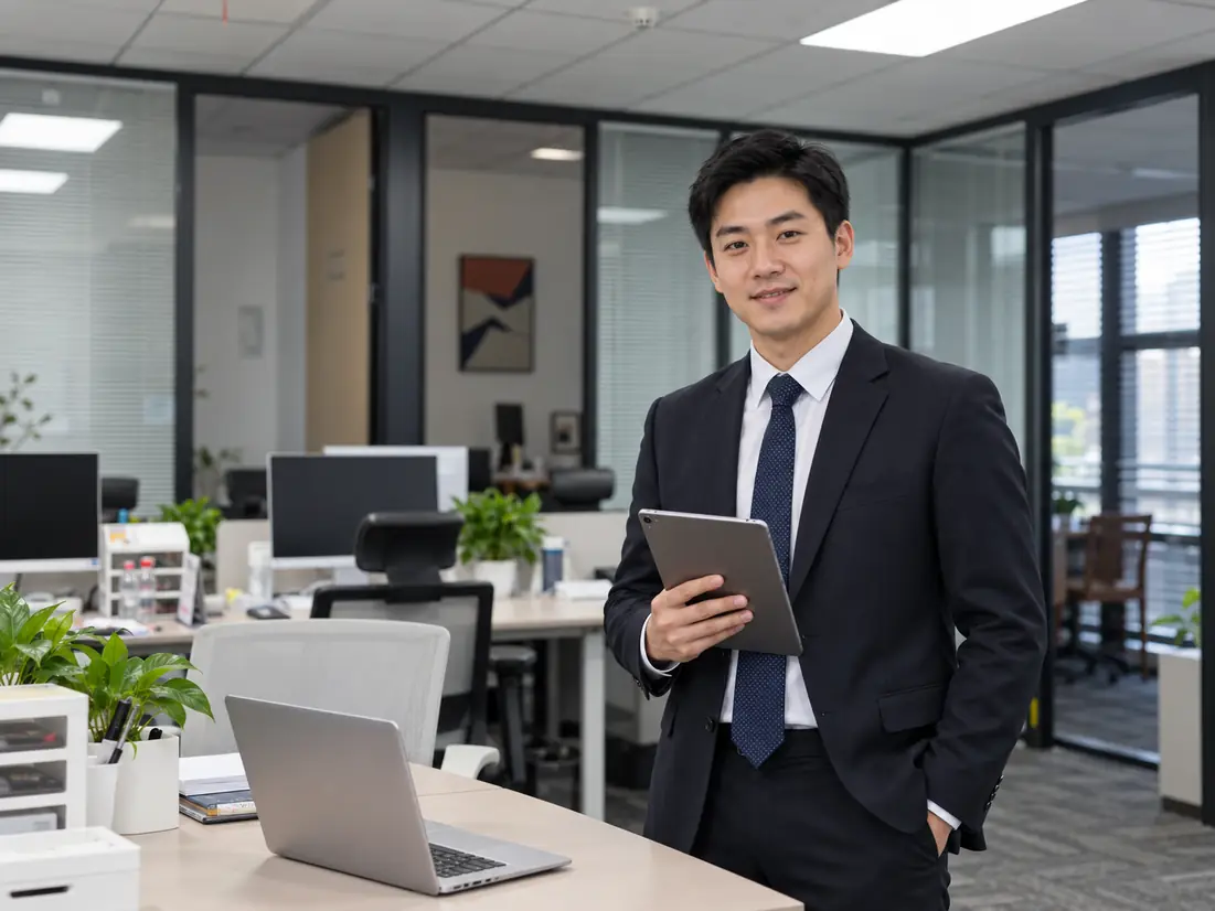 A man in a suit standing in an office with a tablet in his hand, facing the camera