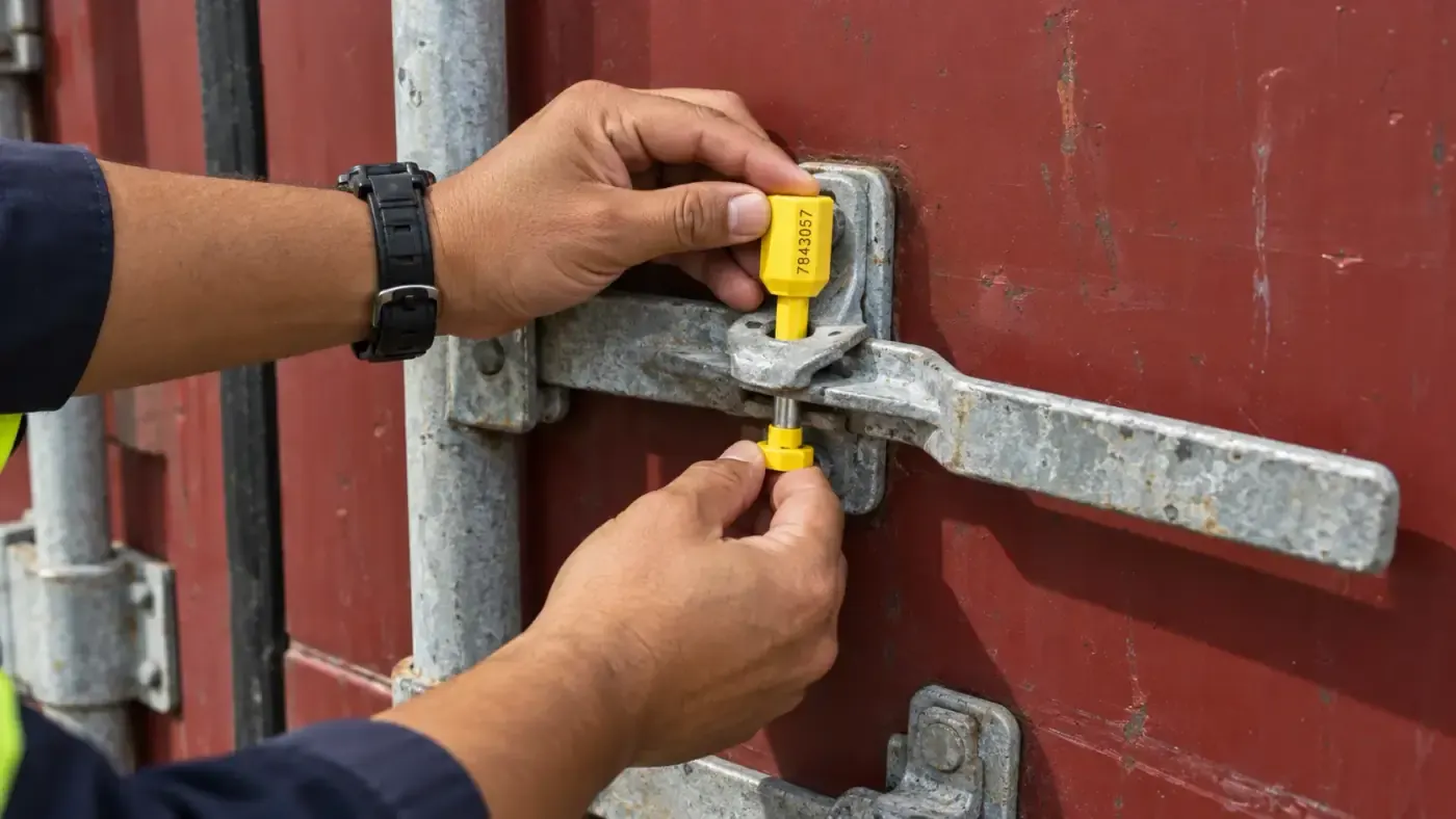 Hands fitting a yellow seal to the locking bar of a container door
