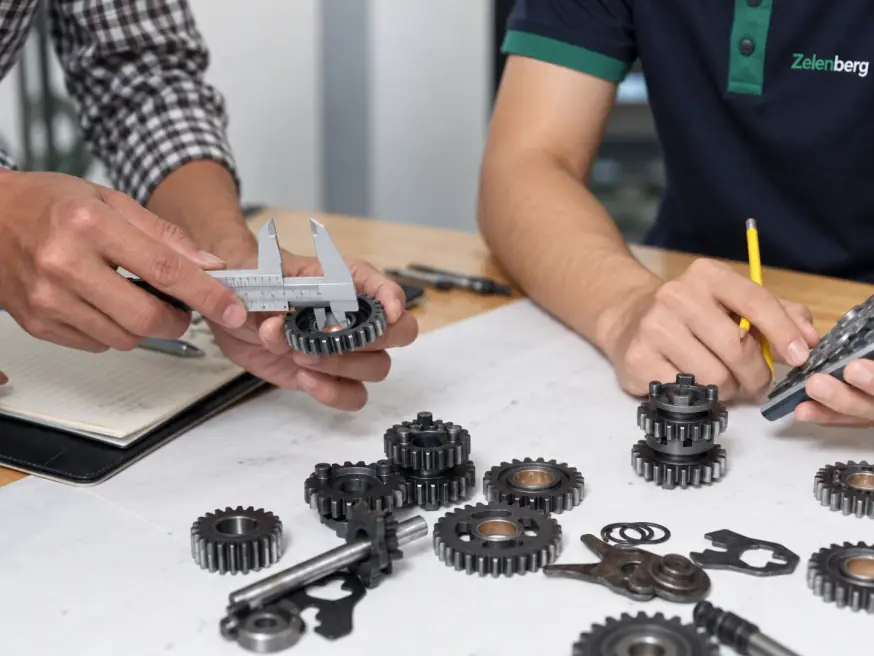 Two people at a workbench measuring a gear with a caliper, more gears and a notebook beside them