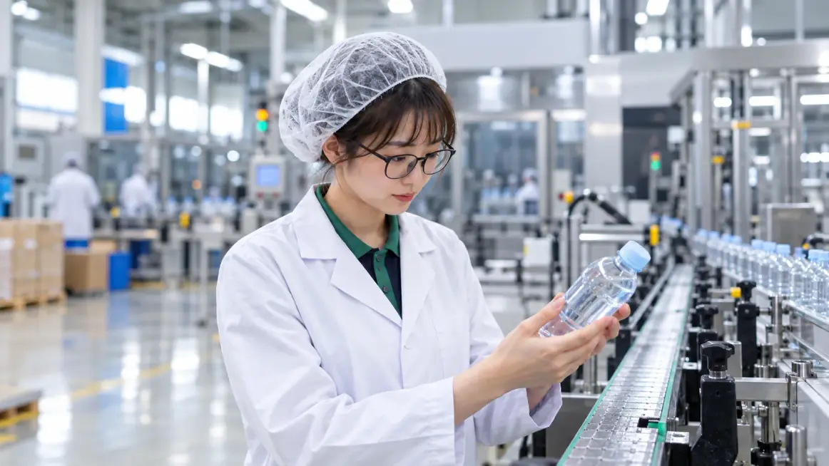 A woman in a white coat and a hairnet looking at a bottle beside a bottling line