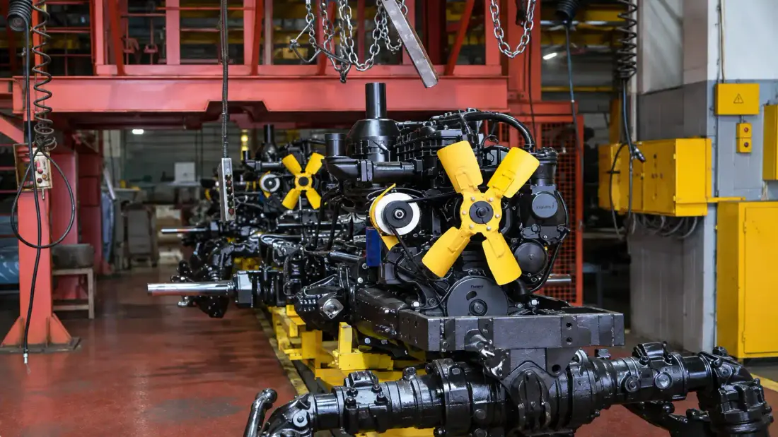 Tractor engines on an assembly line