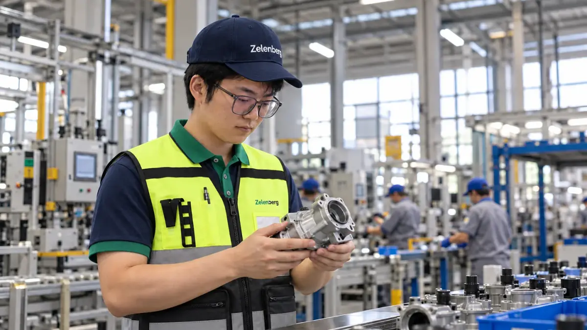 A Zelenberg team member checking a part on a factory production line