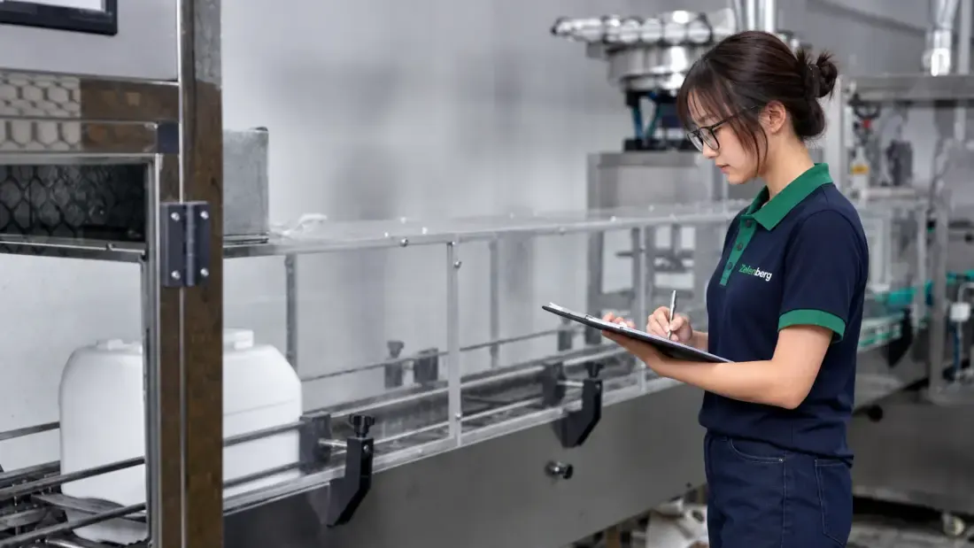 A Zelenberg team member taking notes beside a filling line