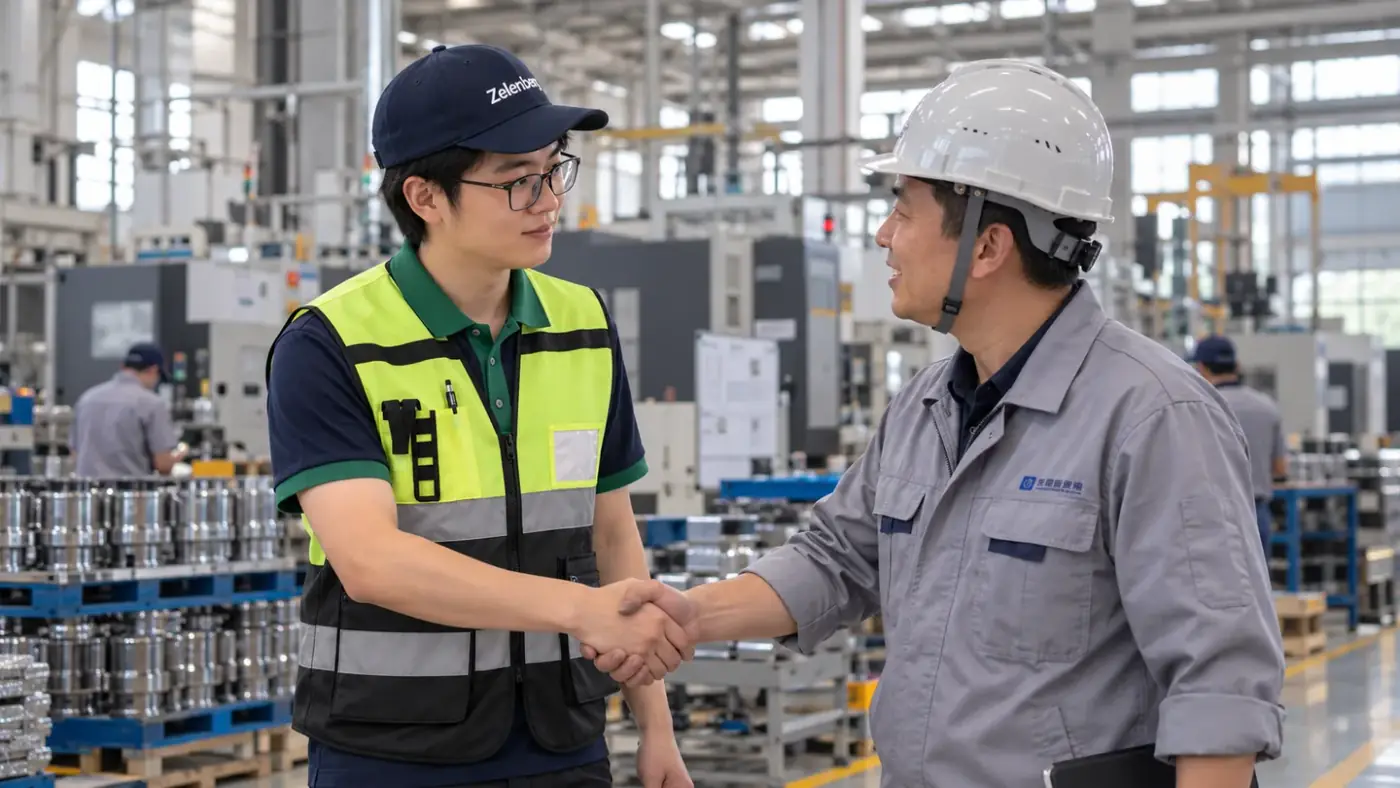 A man in a high-visibility vest shaking hands with a man in a hard hat on a factory floor